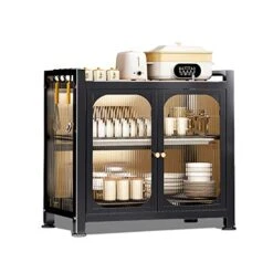 Kitchen Countertop Dish Cabinet Storage Cabinet, Acrylic Transparent Door Panel Double Door Magnetic Suction Design, Dustproof And Grease Proof With Draining Tray