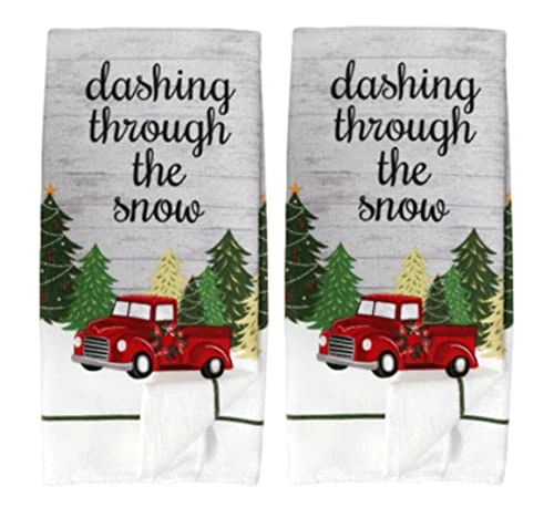 Holiday Farmhouse Kitchen Towel Set With Pot Holders Oven Mitt And Set Of Refrigerator Magnets Modern Farmhouse Decor - Red Truck (Dashing Through The Snow Truck) - Image 2