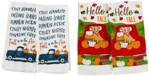 Farmhouse Fall Kitchen Towels: Natural Autumn Colored Falling Leaves And Acorns And Plaid With Pumpkin Applique, Cotton Flat Weave - Image 8