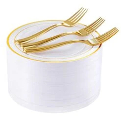 72 Pcs Gold Dessert Plates 7.5" With 72 Pcs Gold Plastic Forks 7.4", Heavyweight White With Gold Rim Plastic Plates, Gold Salad Plates For Party And Gold Appetizer Plates For Wedding