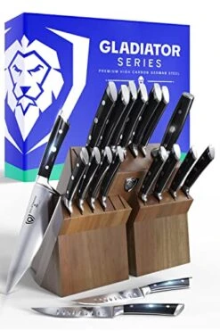 ALSTRONG Knife Block Set - 18 Piece Colossal Knife Set - Gladiator Series - High Carbon German Steel - Acacia Wood Stand - Black ABS Handles - Premium Kitchen Set Professional - NSF Certified