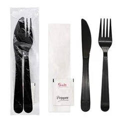 Individually Wrapped Black Plastic Cutlery Packets/Heavy Duty Silverware Kits, Fork/Knife/Napkin/Salt/Pepper, 100 Sets