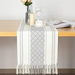 Boho Table Runner, Long Farmhouse Table Runner With Macrame Tassels Cotton And Linen Coffee Table Runner Rustic Style For Living Room Dining Kitchen Decor, Grey Cream 13"x87"