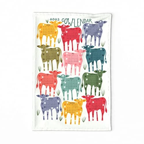 Spoonflower Printed Tea Towel, Linen Cotton Canvas - 2023 Calendar Cows Cattle Farming Grazing Farm Life Print Decorative Kitchen Towel - Image 2