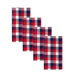 American Rustic Red, White And Blue Plaid Cotton Weave Fabric Napkin Set, Indoor Outdoor Country Rustic Patriotic Woven Plaid Napkins, Set Of 4 Napkins