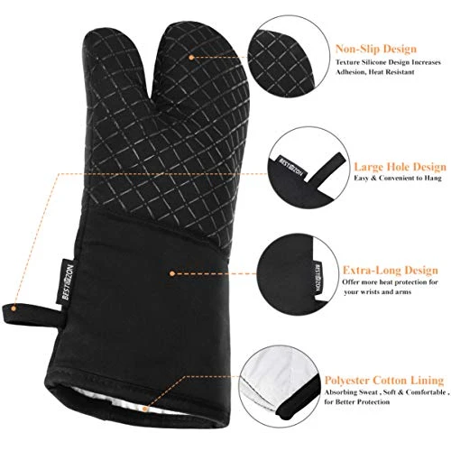 4PCS Heat Resistant Oven Mitts And Pot Holders, Soft Cotton Lining With Non-Slip Surface For Safe BBQ Cooking Baking Grilling (Black)