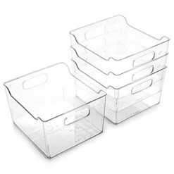 | Plastic Storage Bins - 4 Pack | THE LODGE COLLECTION | Multi-Use Organizer Bins | Built-In Handles | BPA-Free | Pantry Organization | Home Organization | Fridge Organizer | Freezer Organizer