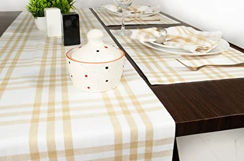 Dining Table Runner | Homestead Plaid Check Farmhouse Table Runner | For Home Decor | 100% Cotton, Long & Soft For Daily Use | 100% Machine Washable | Beige White 14 X 72