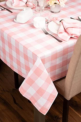 Buffalo Check Collection, Classic Farmhouse Tablecloth, Tablecloth, 52x52, Pink & White - Image 4