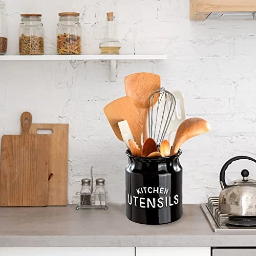 Karisky Utensil Holder, 6.5" Large Kitchen Utensil Holder For Kitchen Counter, Ceramic Cooking Utensil Crock, Decorative Utensil Caddy Organizer For Modern Farmhouse Kitchen Decor, Black - Image 2