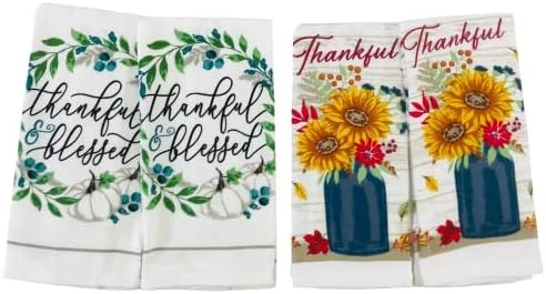 Farmhouse Fall Kitchen Towels: Natural Autumn Colored Falling Leaves And Acorns And Plaid With Pumpkin Applique, Cotton Flat Weave - Image 11