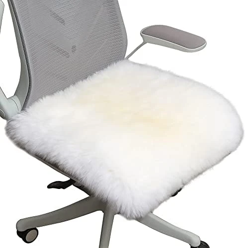 Sheepskin Chair Cushion Non-Slip Back Square Genuine Fur Chair Cover Silky Natural Wool Seat Cushion Pad Soft Area Rugs Carpet For Home Office Restaurant Chair 18x18 Inch (Pack Of 1), Ivory White - Image 5