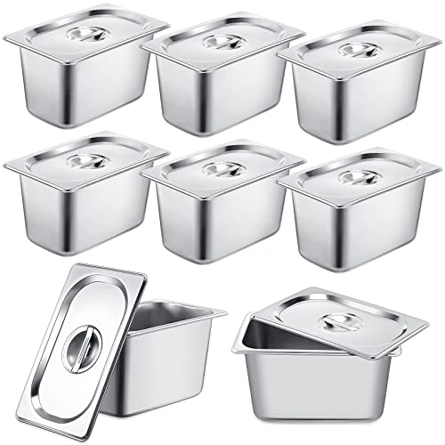 8 Pack Stainless Steam Hotel Pan 6" Deep Steam Table Pan With Lid 0.8 Mm Thick Stainless Steel Anti Jam Steam Pan Restaurant Anti Clogging Steamer For Party, Restaurant, Hotel (1/4 Size)