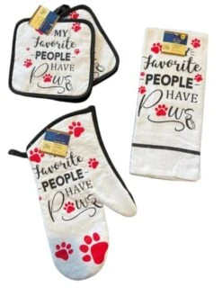 Pet Dog Lovers Kitchen Linen Set - My Favorite People Have Paws : Includes 1 Oven Mitt, 2 Pot Holder, And 1 Kitchen Towel