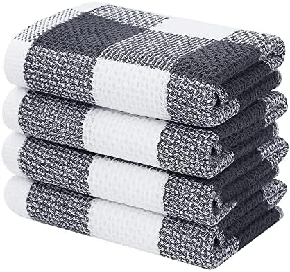 100% Cotton Waffle Weave Check Plaid Kitchen Towels, 13 X 28 Inches, Super Soft And Absorbent Dish Towels For Drying Dishes, 4-Pack, White & Black - Image 8