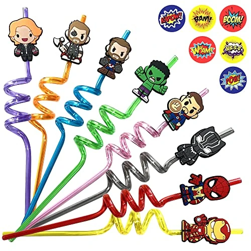 32Pcs Superhero Straws For Avenger Party Favor - 32Pcs Reusable Drinking Straws With 8 Designs+36 Stickers+2 Brushes. Perfect For Superhero Party Supplies, Great For Avenger Themed Party