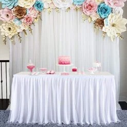 14ft White Tulle Table Skirt For Round Or Rectangle Tables Dessert Tutu Table Skirting For Wedding Baby Shower Birthday Party Decorate(L 14(ft),H 30in)