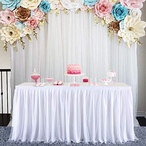 14ft White Tulle Table Skirt For Round Or Rectangle Tables Dessert Tutu Table Skirting For Wedding Baby Shower Birthday Party Decorate(L 14(ft),H 30in)