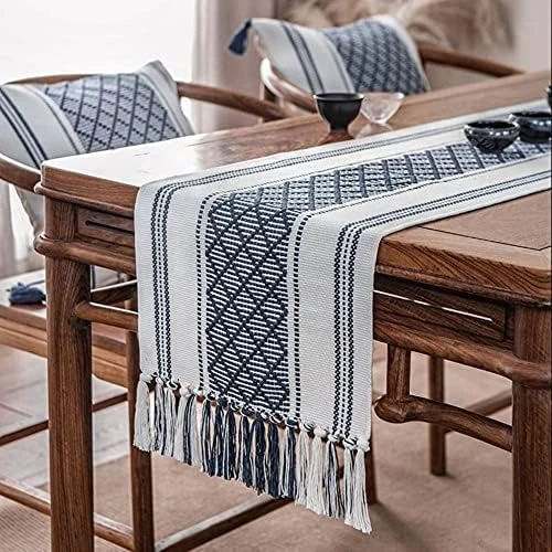 Farmhouse Table Runner 108 Inches Long, Boho Rectangle With Tassels Table Runners, Woven Cotton Table Runner Rustic Style Linen Table Runner Holiday Party Dining Room Dresser Décor (Black) - Image 7