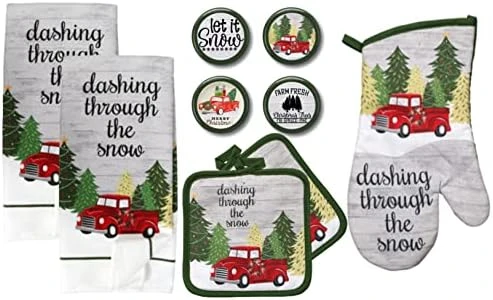 Holiday Farmhouse Kitchen Towel Set With Pot Holders Oven Mitt And Set Of Refrigerator Magnets Modern Farmhouse Decor - Red Truck (Dashing Through The Snow Truck) - Image 4