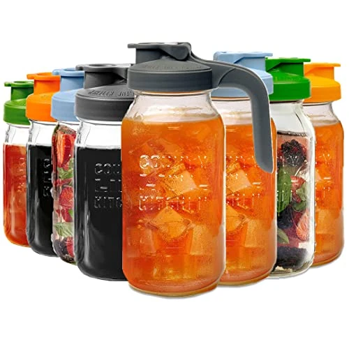 Glass Mason Jar Pitcher With Lid - Wide Mouth, 2 Quart (64 Oz / 1.9 Liter) - Heavy Duty, Leak Proof - Sun & Iced Tea, Cold Brew Coffee, Breast Milk Storage, Flavored Water & More