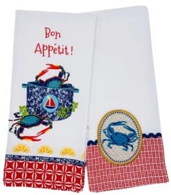 Fresh Catch Crab Kitchen Towels, Set Of 2 Bon Appetit & Embroidered Dish Towels For Salty Nautical Ocean Seashore Crab Boil Towels Multicolor