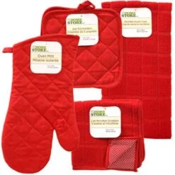 The Home Store Red Windowpane Pattern Kitchen Linens Collection: Set Includes: 1 Pot Holder 2 Pot Holders 1 Kitchen Towel 2 Microfiber Scrubbers (6 Items Total)