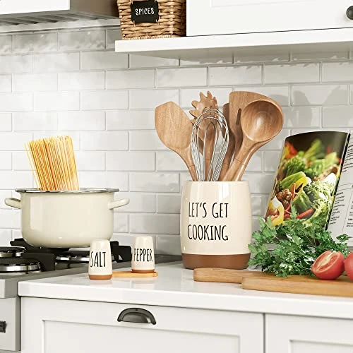 Ceramic Farmhouse Kitchen Utensil Holder For Countertop, Decorative Kitchen Utensil Holder, Large Kitchen Utensil Holder For Kitchen Counter, Utensil Crock Spatula Holder, 6.5" Cream - Image 2