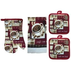 Mocha Coffee Design 100% Cotton Printed Kitchen Linen Set Of 5, Includes 2 Kitchen Towels, 2 Potholder, 1 Oven Mitt Kitchen Décor For Cooking, Baking, Barbecue