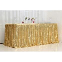 Juya Delight Sequin Table Skirt Rectangle Round Table Cover For Party Wedding Baby Shower Decoration（Bright Gold，L 14(ft) * H 30in ）