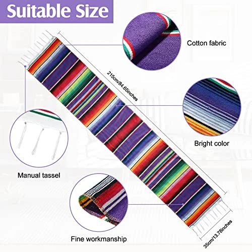 12 Pcs Mexican Serape Table Runner Mexican Party Table Blanket Serape Colorful Striped Runner Fringe Cotton Table Runner Decoration For Cinco De Mayo Fiesta Party Wedding 14 X 84 Inch (Classic Style) - Image 2