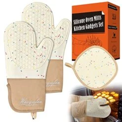 YuFan Silicone Oven Mitts And Pot Holders Sets, Double Layer High Temperature Resistant Hot Pads And Oven Mitts, Cotton Lined Pot Holders And Oven Mitts Sets For Cooking, Grilling Etc, Beige 3 Pcs