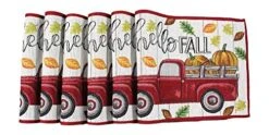 Fall Farmhouse Red Truck And Pumpkins Placemats, Hello Fall Set Of Six (6) Colorful Tapestry Weave Fabric, For Holiday's, Thanksgiving, Autumn And Fall
