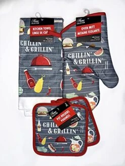 GENERIC Ay White Red Outdoor 4 Piece Grill Set Summer Barbeque 2pc Pot Holders 1 Kitchen Hand Towel 1 Oven Mitt (Bonus Decoration)