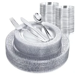 Supernal 180pcs Plastic Silver Plates,Plastic Disposable Utensils,Disposable Silver Plates With Silverware,30 Dinner Plates,30 Salad Plates,30 Cups,30 Knives,30 Forks,30 Spoons Fit For Wedding,Party