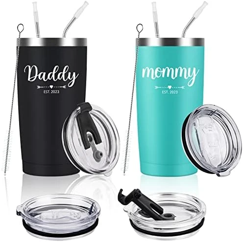 Daddy And Mommy Est 2023 Travel Tumbler, New Parents Insulated Tumblers 20Oz, Mom Dad Gift For Mother's Day, Father's Day, Christmas, New Pregnancy, Birthday, Baby Shower (Black Aqua Blue) - Image 7