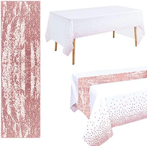 Rose Gold Tablecloth, 12x108inch Sequins Table Runners And 54x108inch Plastic Table Cloths For Party Decorations, Sparkling Party Supplies Table Cover For Indoor Outdoor Parties - Image 4