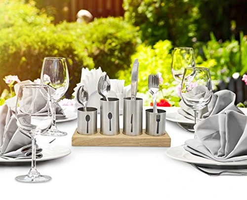 Silverware Holder With Caddy For Spoons, Knives Forks, Etc β Ideal For Kitchen, Dining, Entertaining, Buffet, Picnic, And More β Stainless Steel With Bamboo Wood Base - Image 4