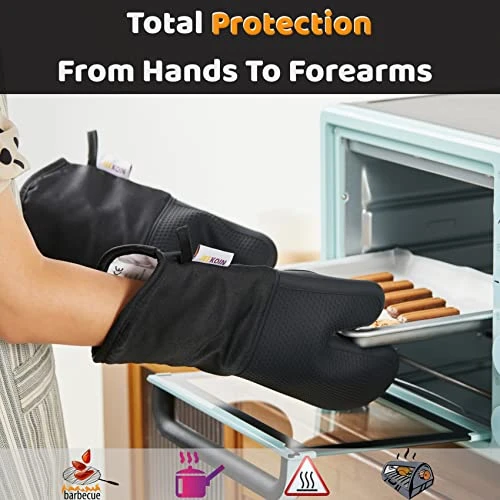 Durable Thick Oven Mitts Black, JEEKOIN Silicone Oven Gloves 14 Inch Heat Resistant 581 F With Soft Cotton Lining, Waterproof Oven Mitt Flexible Grip For Kitchen Cooking Baking, BPA Free, 1 Pair - Image 3