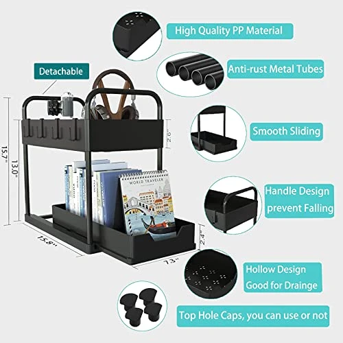 Under Sink Organizer And Storage, 2-Tier Bathroom Organizer With Pull Out Sliding Drawer 4 Hooks 2 Handles, Multi-purpose Under Cabinet Storage Shelf For Bathroom And Kitchen (1 Pack) - Image 4