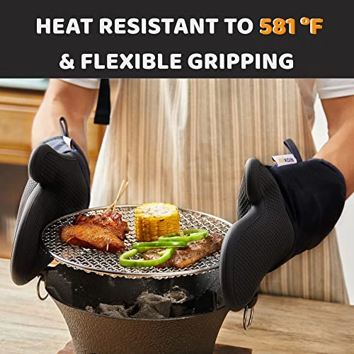 Durable Thick Oven Mitts Black, JEEKOIN Silicone Oven Gloves 14 Inch Heat Resistant 581 F With Soft Cotton Lining, Waterproof Oven Mitt Flexible Grip For Kitchen Cooking Baking, BPA Free, 1 Pair - Image 2