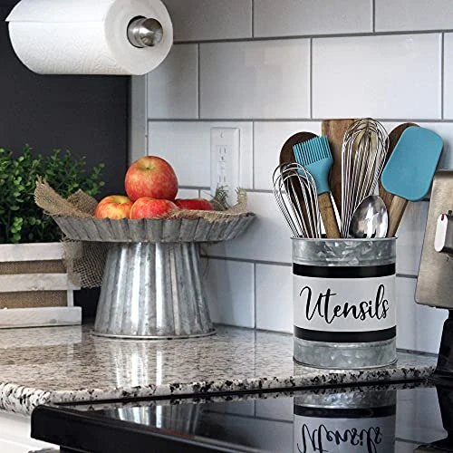 Kitchen Utensil Holder - Farmhouse Crock For Countertop Utensils, Black & White - Image 3