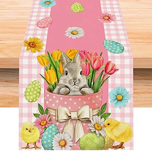 Linen Pink And White Buffalo Check Plaid Easter Table Runner 72 Inches Long Easter Egg Bunny Chick Daisy Tulip Floral Table Decor Spring Summer Easter Home Kitchen Dining Room Table Decorations - Image 8