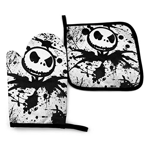 Cotton Kitchen Oven Mitt Gloves And Potholder Kitchen Gift Set, Machine Washable And Heat Resistant For Safe,BBQ,Cooking, Baking (The Nightmare Before Christmas)
