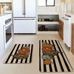 Artoid Mode Watercolor Stripes Pumpkin Decorative Kitchen Mats Set Of 2, Home Seasonal Fall Holiday Party Autumn Harvest Thanksgiving Vintage Low-Profile Floor Mat - 17x29 And 17x47 Inch
