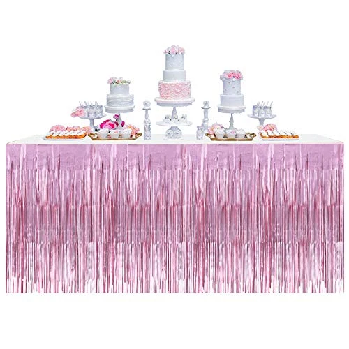2 Packs Metallic Foil Fringe Table Skirt Pink Tinsel Table Skirt Garland For Rectangle Tables Hotel Banquet Parade Floats Mardi Gras Holiday Birthday Wedding New Year Party Decoration (108 X 29 Inch)