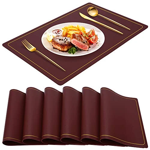 Wine Red Placemats For Dining Table Set Of 6, Waterproof Wipeable PU Leather Place Mats Indoor, Washable Kitchen Table Mats For Easter Thanksgiving Christmas New Year Party Home Decor