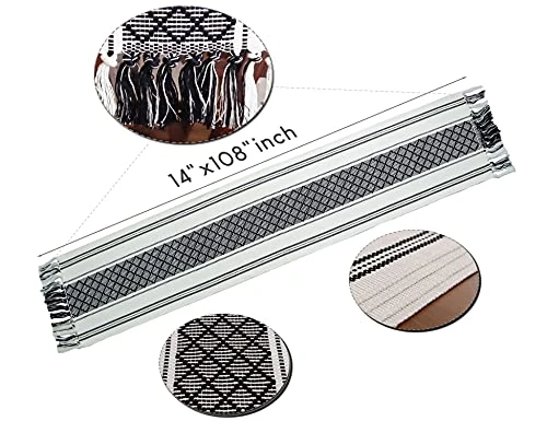 Farmhouse Table Runner 108 Inches Long, Boho Rectangle With Tassels Table Runners, Woven Cotton Table Runner Rustic Style Linen Table Runner Holiday Party Dining Room Dresser Décor (Black) - Image 4