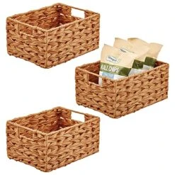 Woven Farmhouse Kitchen Pantry Food Storage Organizer Basket Bin Box - Container Organization For Cabinets, Cupboards, Shelves, Countertops, Store Potatoes, Onions, Fruit, 3 Pack, Camel Brown
