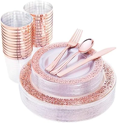00000 150 Pcs Rose Gold Plastic Plates & Silverware & Disposable Cups, Laced Design Includes 25 Dinner Plates 10.25" 25 Dessert Plates 7.5" 25 Tumblers 25 Forks 25 Knives 25 Spoons For Party - Image 8